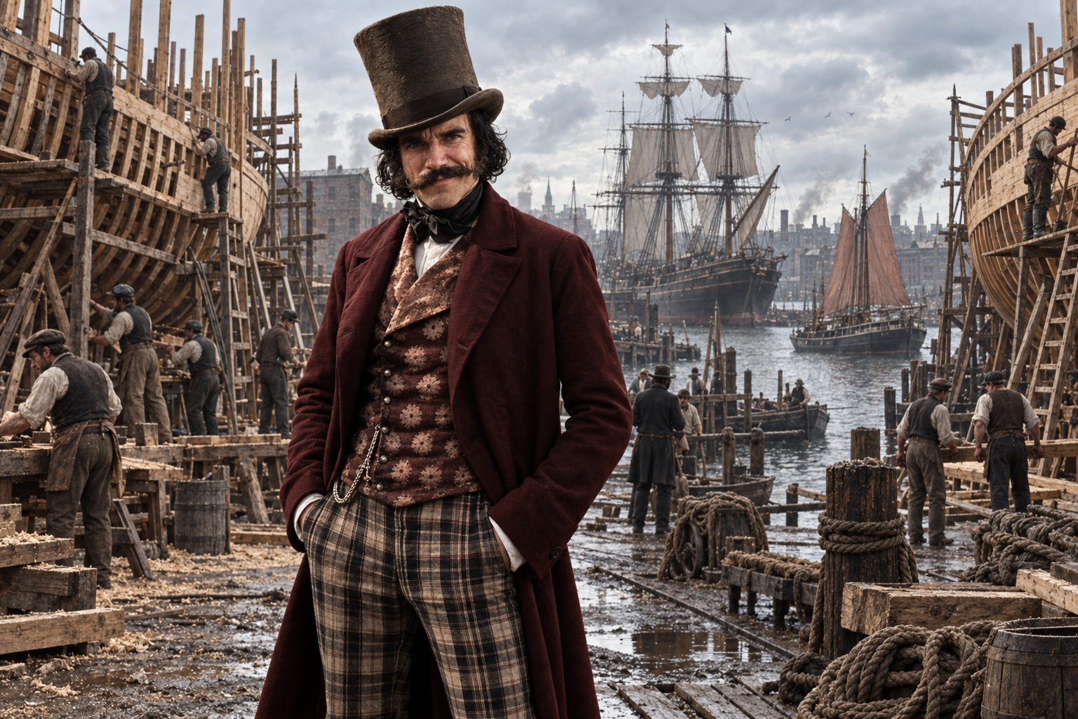 Man in a top hat at a shipyard with sailing ships.